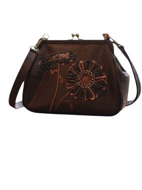 Talbots Vintage Brown Silk Floral Beaded Kiss Clasl Handbag